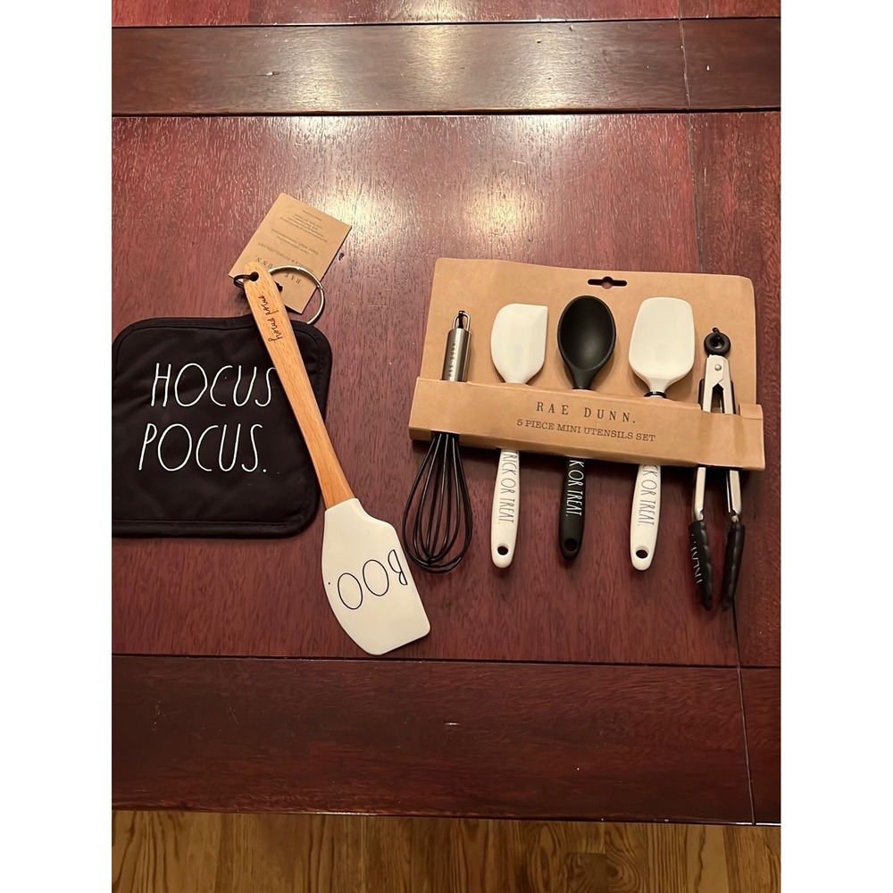Rae Dunn Halloween Kitchen Set 5pc Mini Utensils Hocus Pocus Pot Holder Boo New